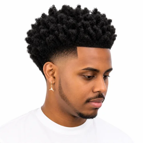 Man with a high-volume afro and clean low taper fade