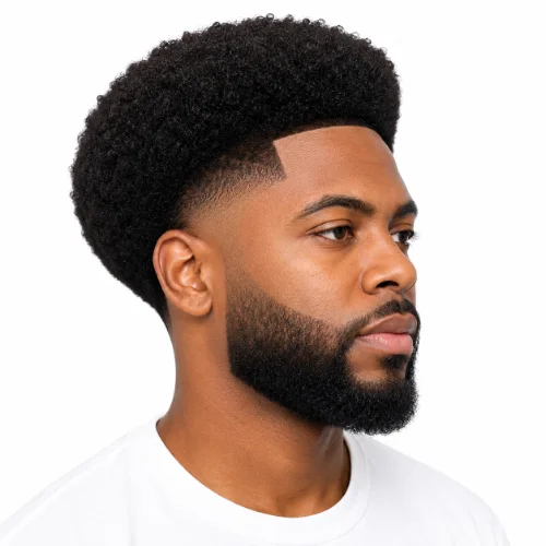 Man with a low taper fade afro and neatly tapered beard
