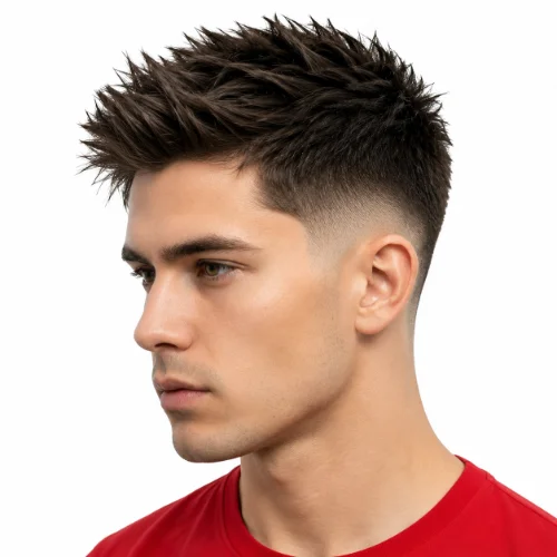 Man with a low taper fade and spiky hairstyle on a clean white background.
