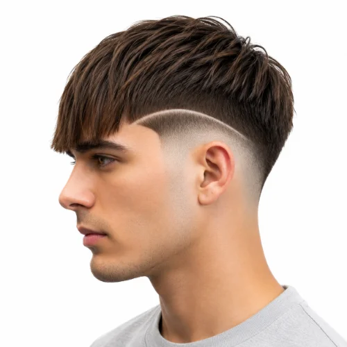 Man with a low taper fade Edgar haircut featuring a sharp fringe and clean fade.