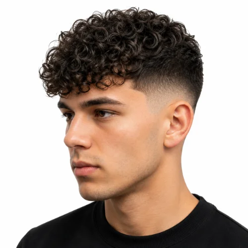 Man with a short low taper fade haircut on a clean white background.