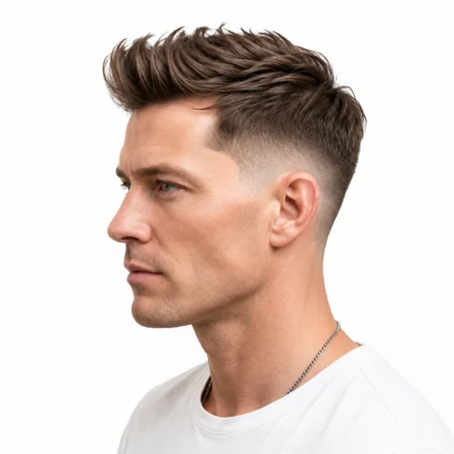 Man with thin hair styled into a low taper fade haircut on a white background.