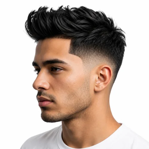 Man with thick hair and a low taper fade haircut on a clean white background.