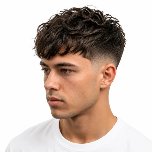 Man with messy textured hair and a low taper fade haircut on a white background.