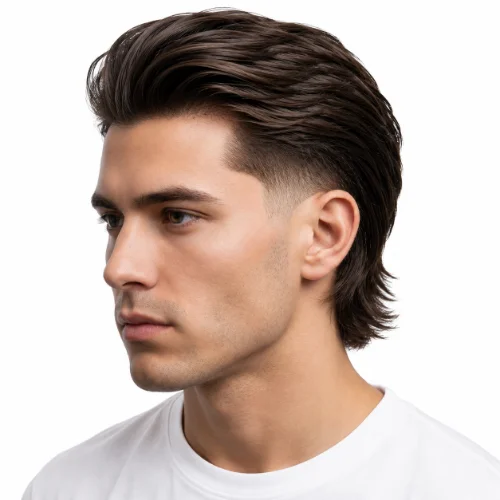 Man with a layered low taper fade haircut featuring natural texture on a white background.