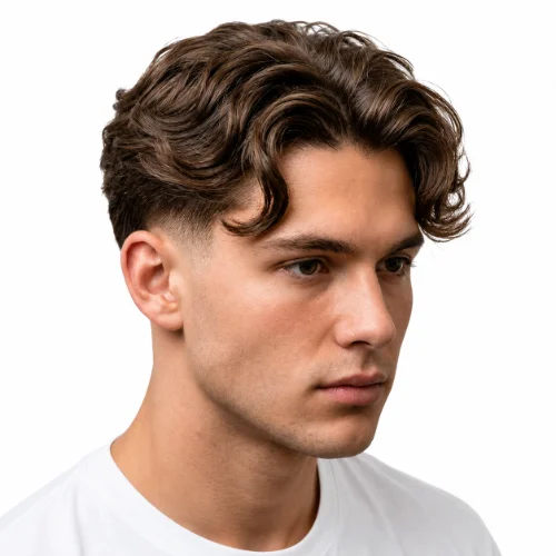 Man with naturally wavy hair styled with a low taper fade on a white background.
