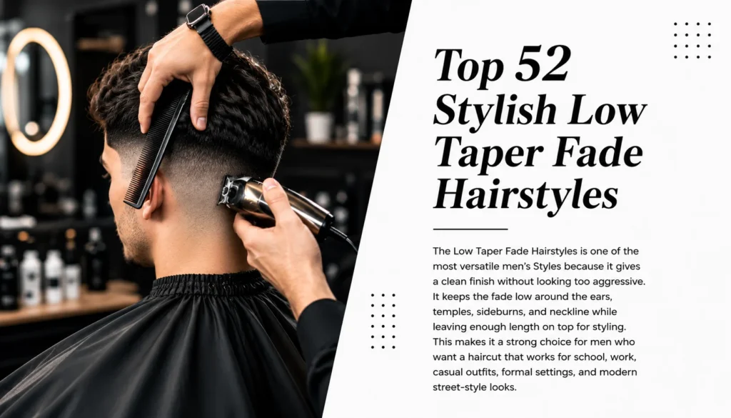 Low Taper Fade Hairstyles for Men with a clean fade haircut in a modern barbershop