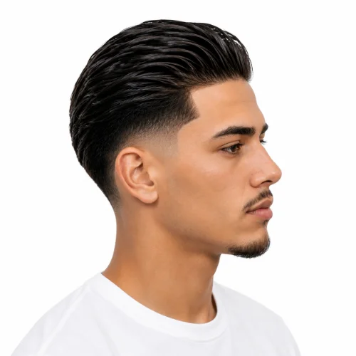 Man with a classic low taper fade and slick back hairstyle