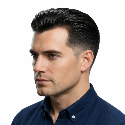 Man with a modern low taper fade and slick back hairstyle