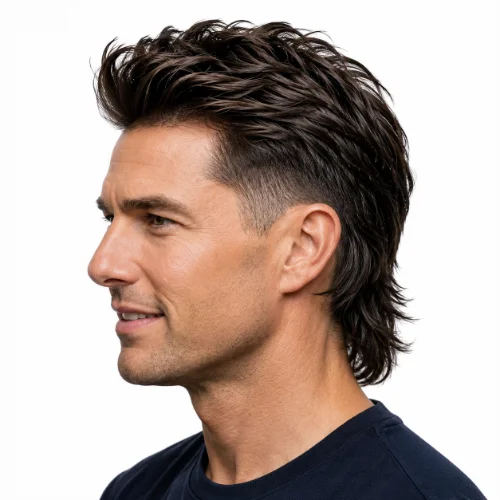 Man with a textured slick back and low taper fade