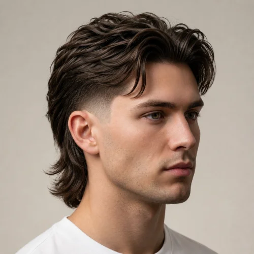 Man with a messy slick back and low taper fade