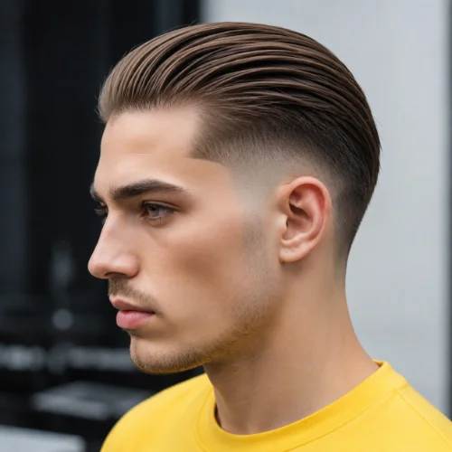 Man with short slick back hair and a low taper fade