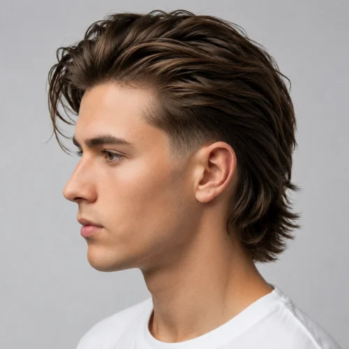 Man with long slick back hair and a low taper fade