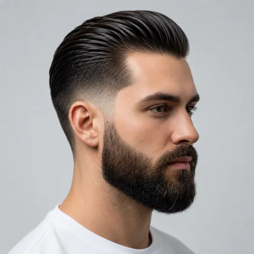 Man with slick back hair, a low taper fade, and a full beard