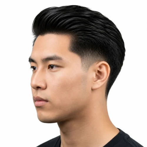 Man with straight slick back hair and a low taper fade