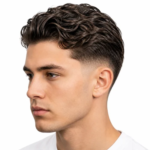 Man with wavy slick back hair and a low taper fade