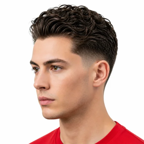 Man with curly slick back hair and a low taper fade