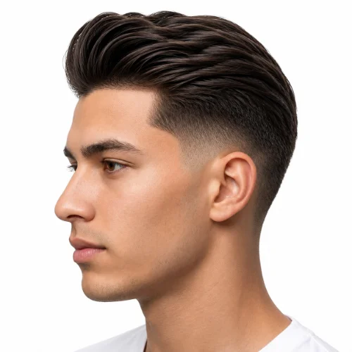 Man with thick slick back hair and a low taper fade