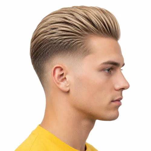 Blonde man with a low taper fade and slick back hairstyle