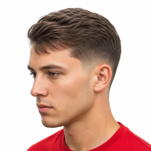 Man with thin slick back hair and a low taper fade
