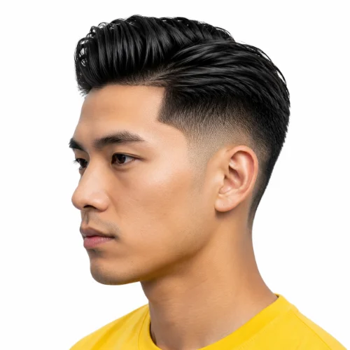 Asian man with a low taper fade and slick back hairstyle