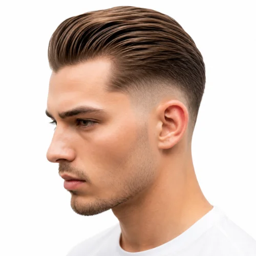 Man with a professional low taper fade slick back hairstyle