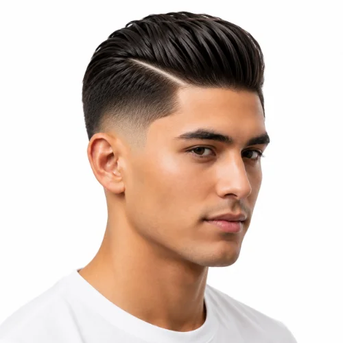 Man with a slick back, hard part, and low taper fade