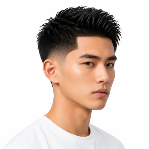 Man with a slick back, sharp line up, and low taper fade