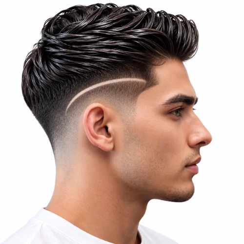 Man with a wet look slick back and low taper fade