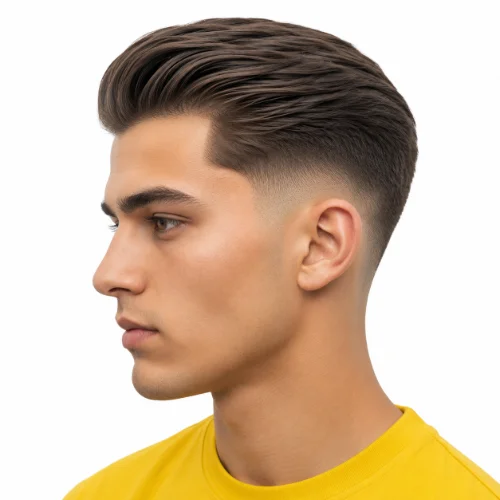 Man with a matte finish slick back and low taper fade