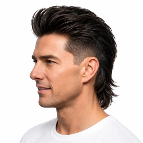 Man with a voluminous slick back and low taper fade