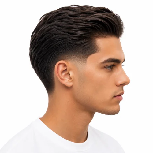 Man with layered slick back hair and a low taper fade