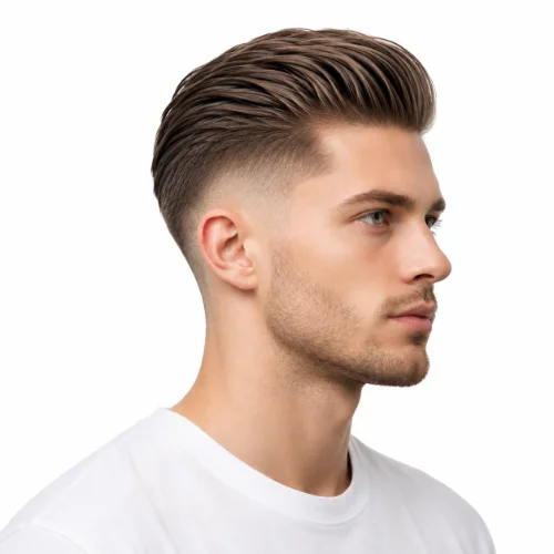 Man with an undercut, slick back hairstyle, and low taper fade