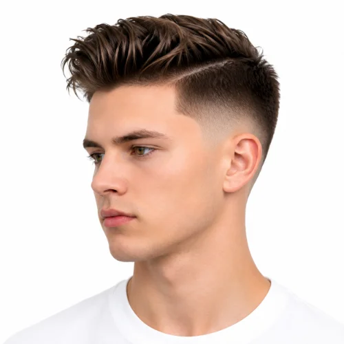 Man with a textured top, slick back hairstyle, and low taper fade