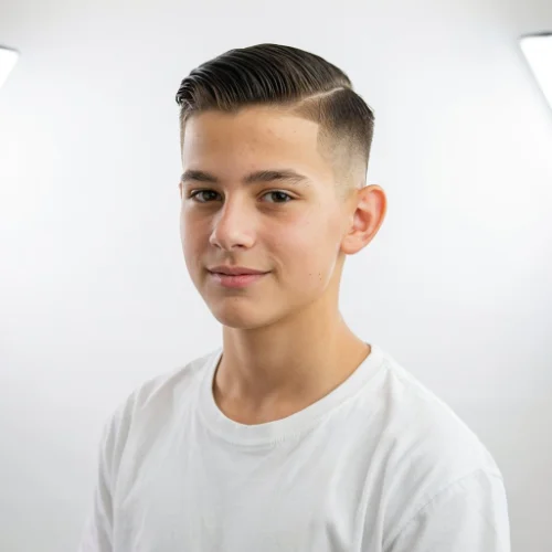 Teen boy with a stylish low taper fade slick back hairstyle