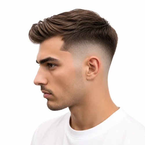 Man with a trending low taper fade slick back hairstyle featuring a modern finish