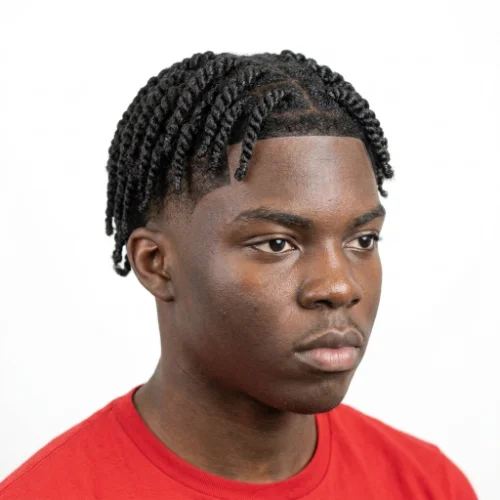 Black man with two-strand twists and a low taper fade haircut