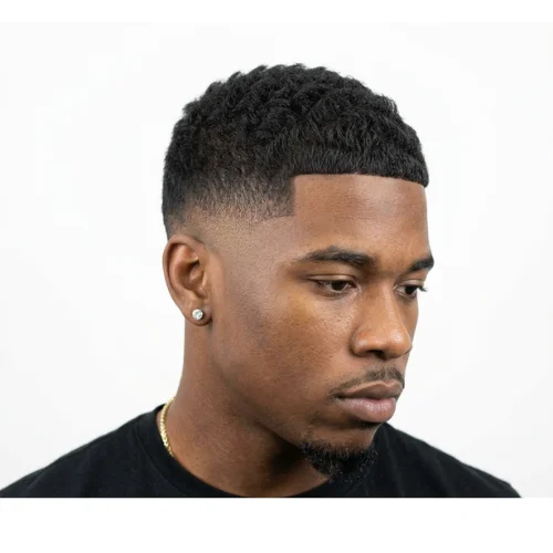 Black man with a textured crop and low taper fade haircut