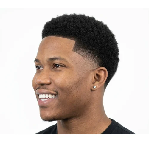Black man with a sharp line up and low taper fade haircut