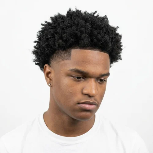Black man with thick hair and a low taper fade haircut