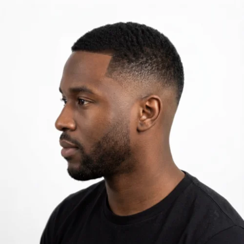 Black man with a short low taper fade haircut and sharp finish