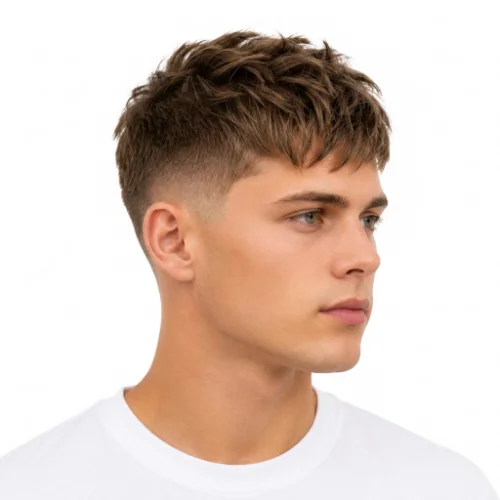 Man with a classic low taper fade and textured crop haircut featuring clean faded sides