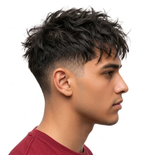 Man with a messy textured crop and low taper fade haircut