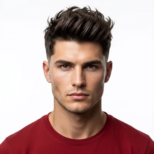 Man with a French crop hairstyle and low taper fade