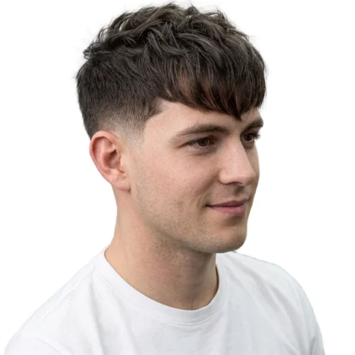 Man with a long textured crop and low taper fade hairstyle
