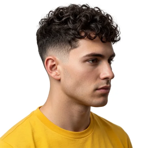 Man with curly textured crop hair and a low taper fade