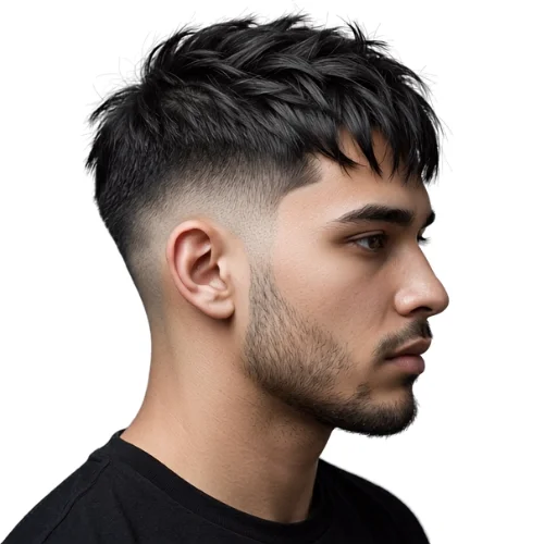 Man with straight textured crop hair and a low taper fade