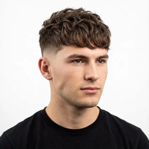 Man with wavy textured crop hair and a low taper fade