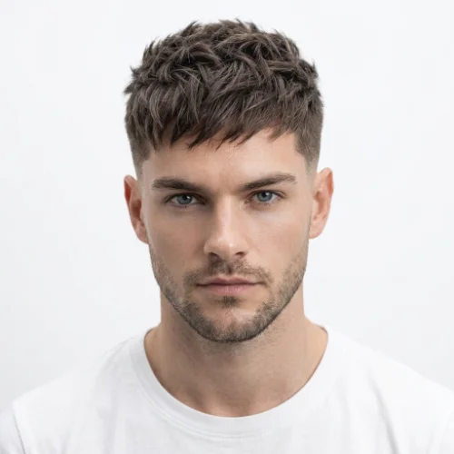 Man with thick textured crop hair and a low taper fade