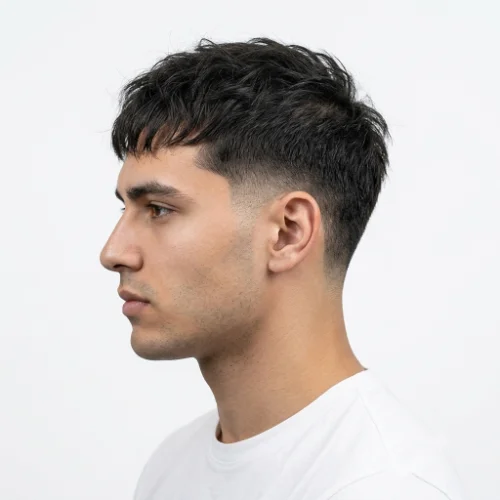 Man with thin textured crop hair and a low taper fade
